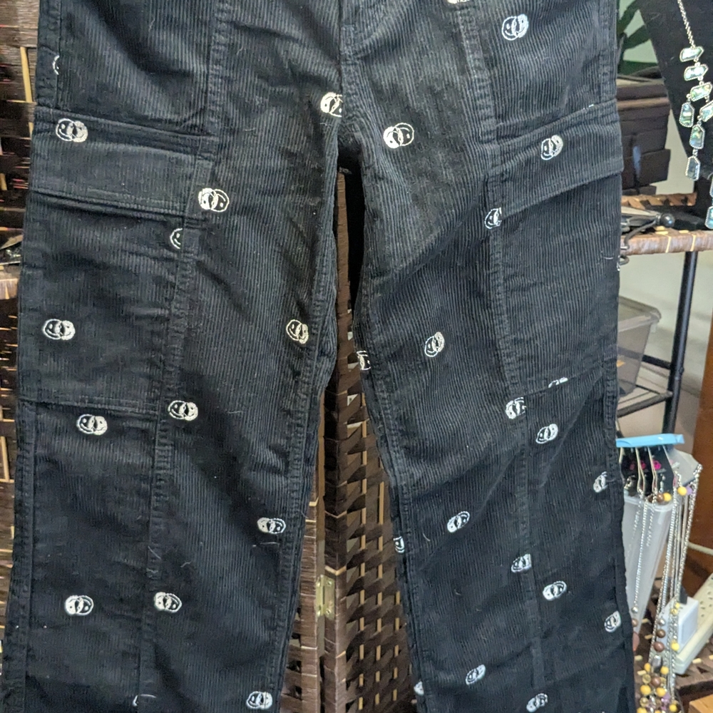 Black Corduroy Pants with Logo Pattern